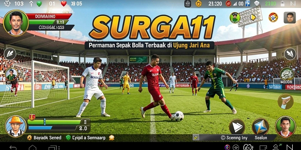 Screenshot gameplay SURGA11 yang menampilkan aksi seru di lapangan sepak bola.